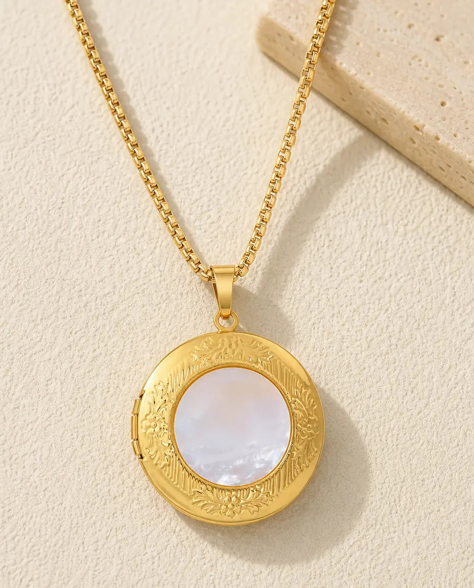 Collana Portafoto Rotonda in Madreperla per 1 Foto, Ciondolo Floreale Placcato Oro, Regalo per la Mamma