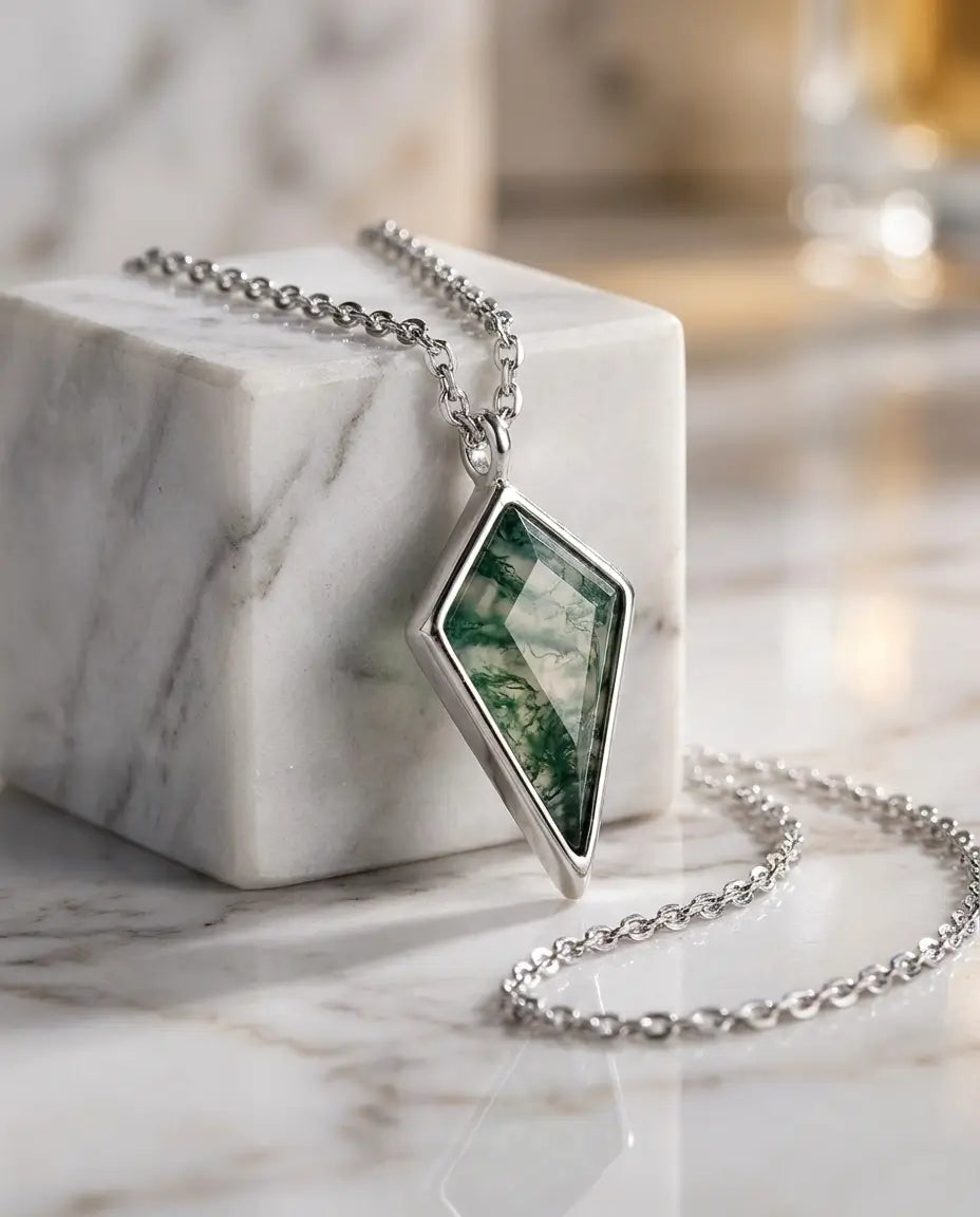 Collana Agata Muschiata Taglio Aquilone, Ciondolo Geometrico in Argento 925, Regalo Natura