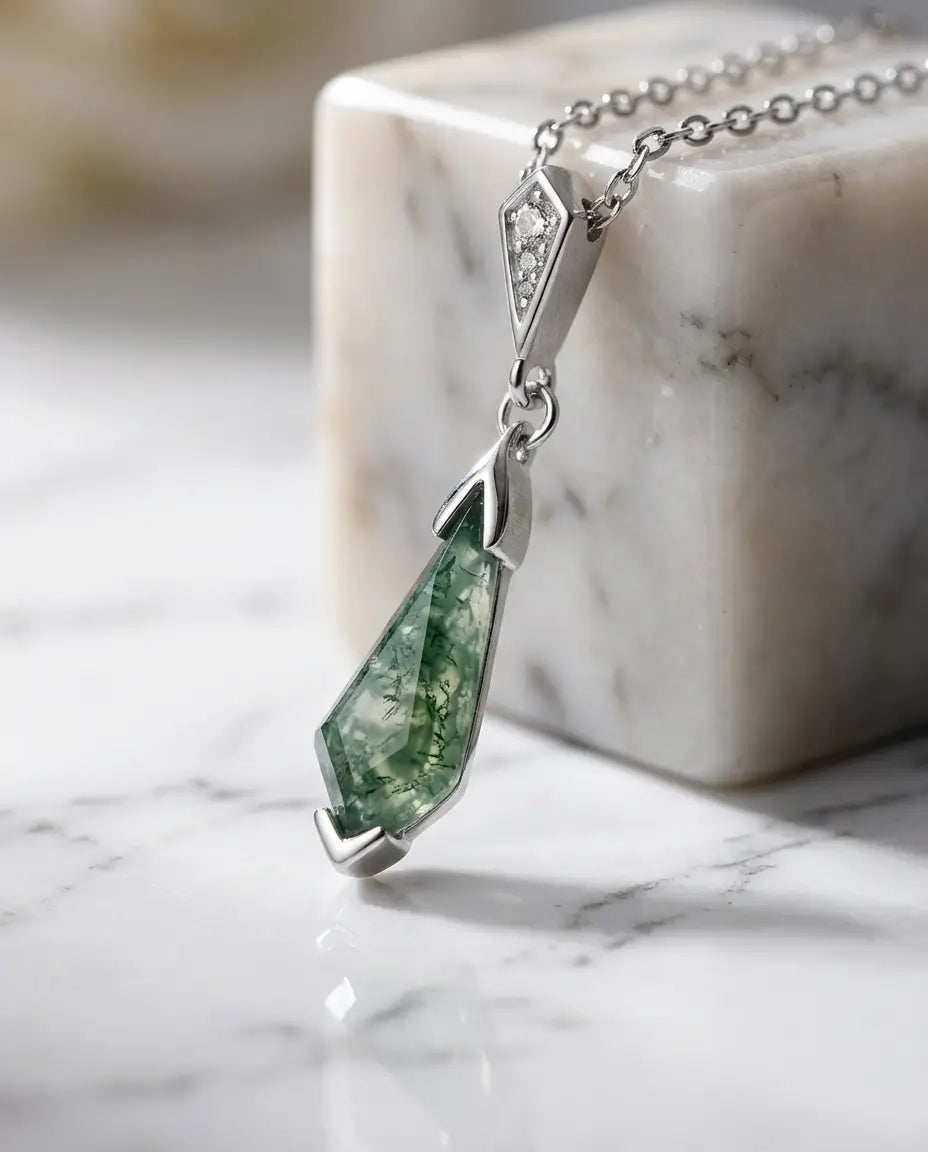 Collana in agata muschiata - Aquilone allungato stile Art Déco, argento 925, regalo per lei