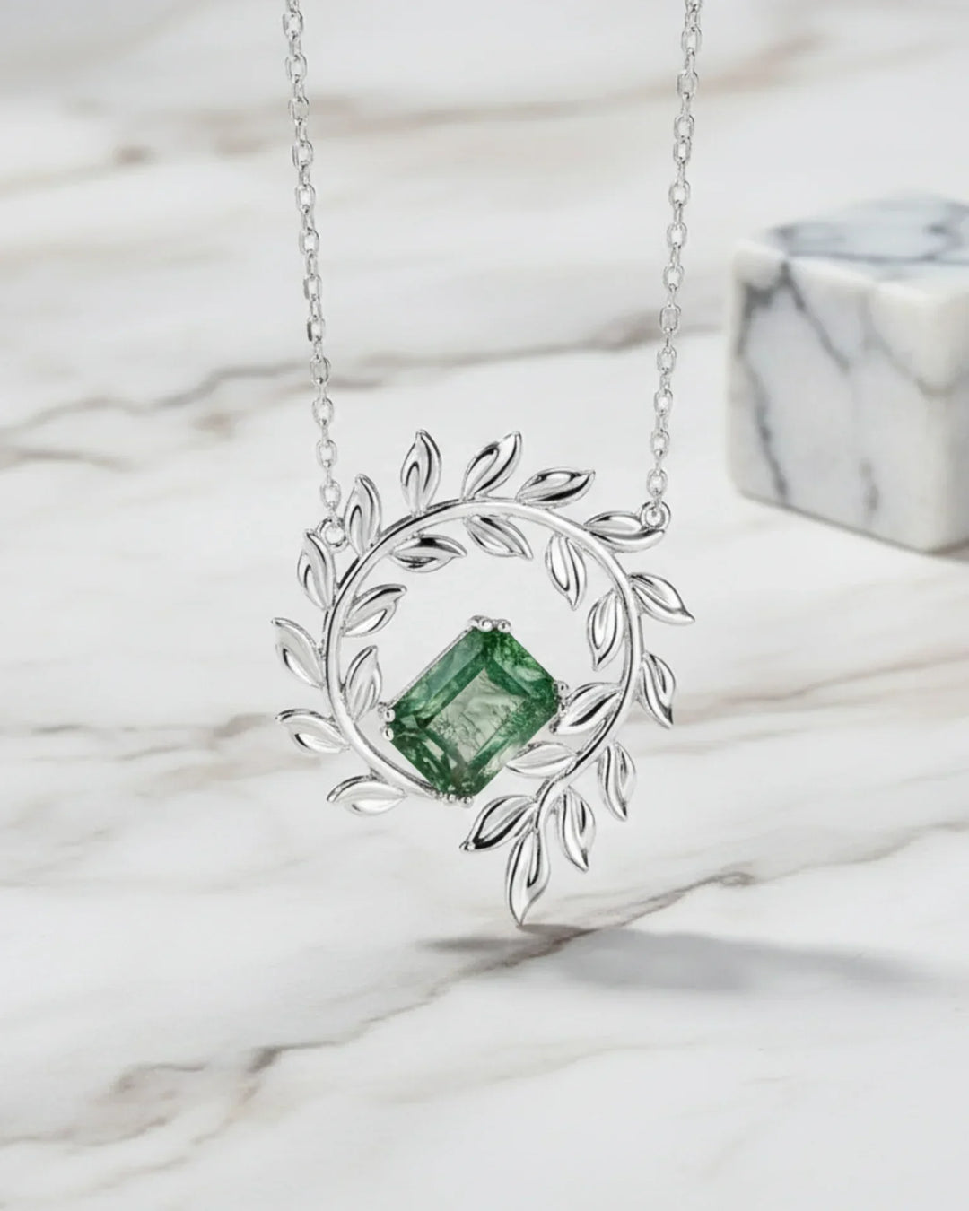 Collana Agata Muschiata Taglio Smeraldo in Corona di Foglie, Argento 925, Regalo per Lei