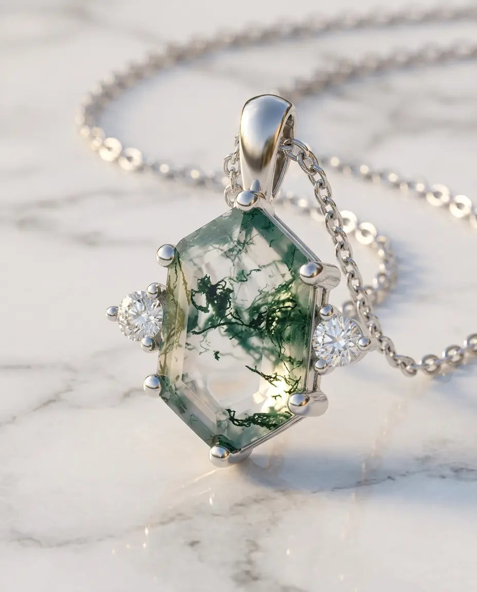 Collana Agata Muschiata Taglio Esagono, Ciondolo Minuto in Argento 925 Placcato, Regalo per Lei