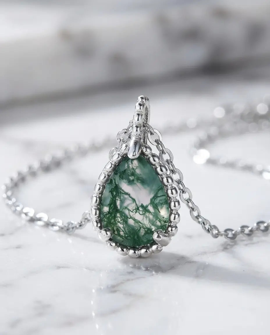 Collana Agata Muschiata Goccia 6x8 mm in Argento 925, Ciondolo Naturale Regalo per Lei