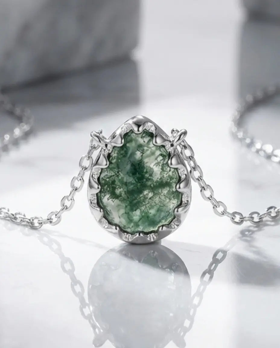 Collana in agata muschiata - Goccia con inclusioni dendritiche, argento 925, regalo per lei