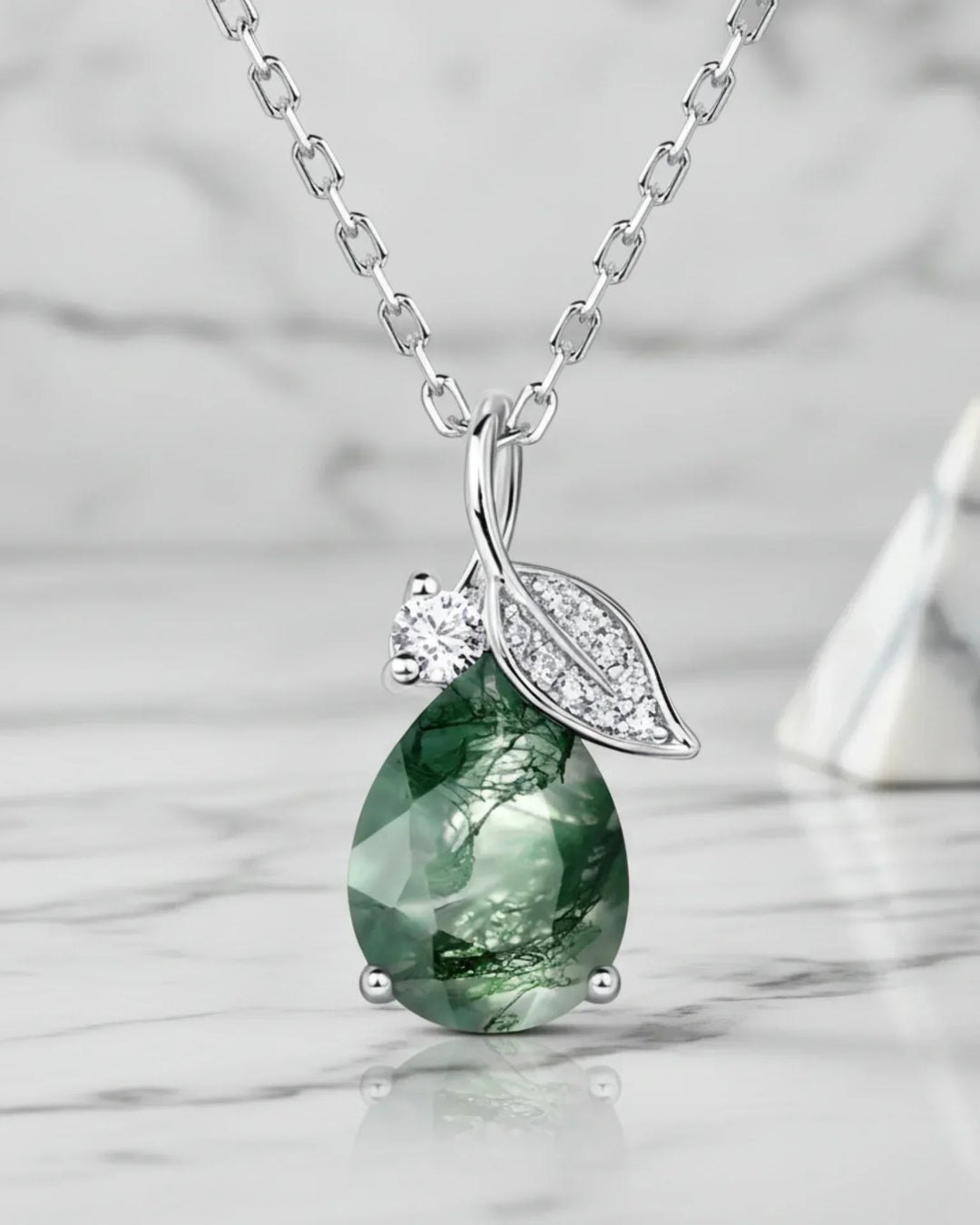 Collana in agata muschiata - Goccia con foglia e zircone, argento 925, regalo per lei
