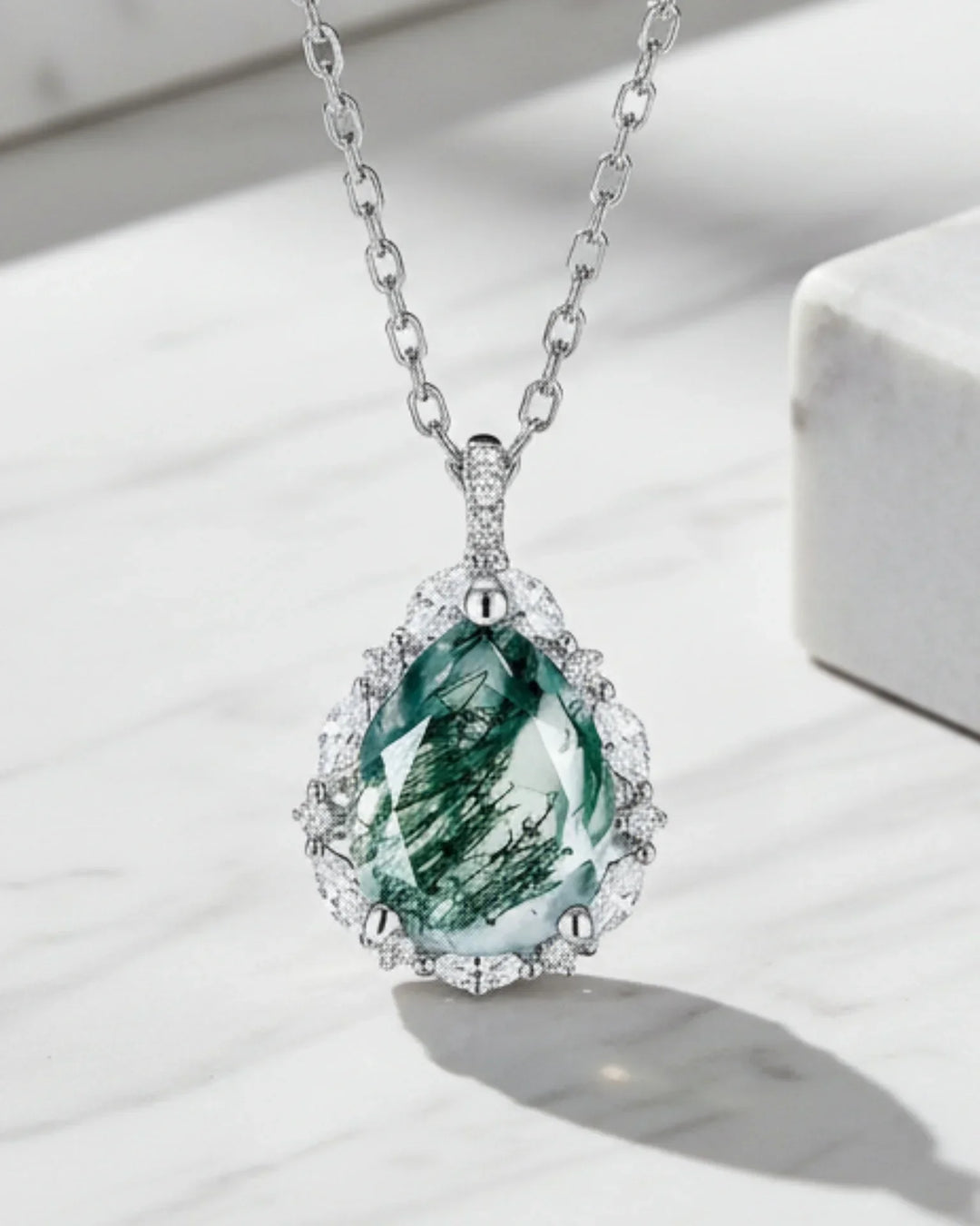 Collana Agata Muschiata Taglio Goccia con Halo di Zirconi, Argento 925, Regalo per Lei