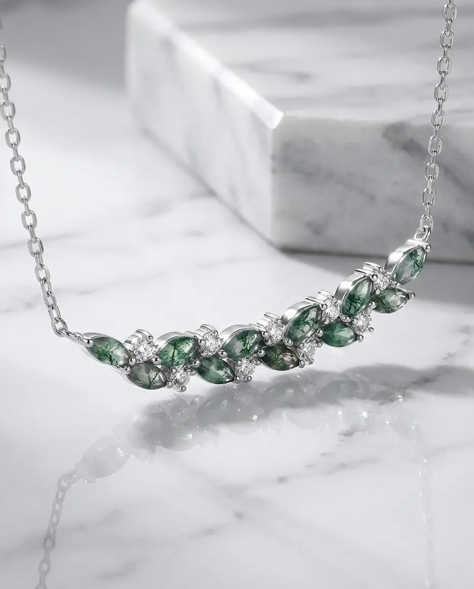 Collana in agata muschiata - Barra a ramo con marquise e zirconi, argento 925