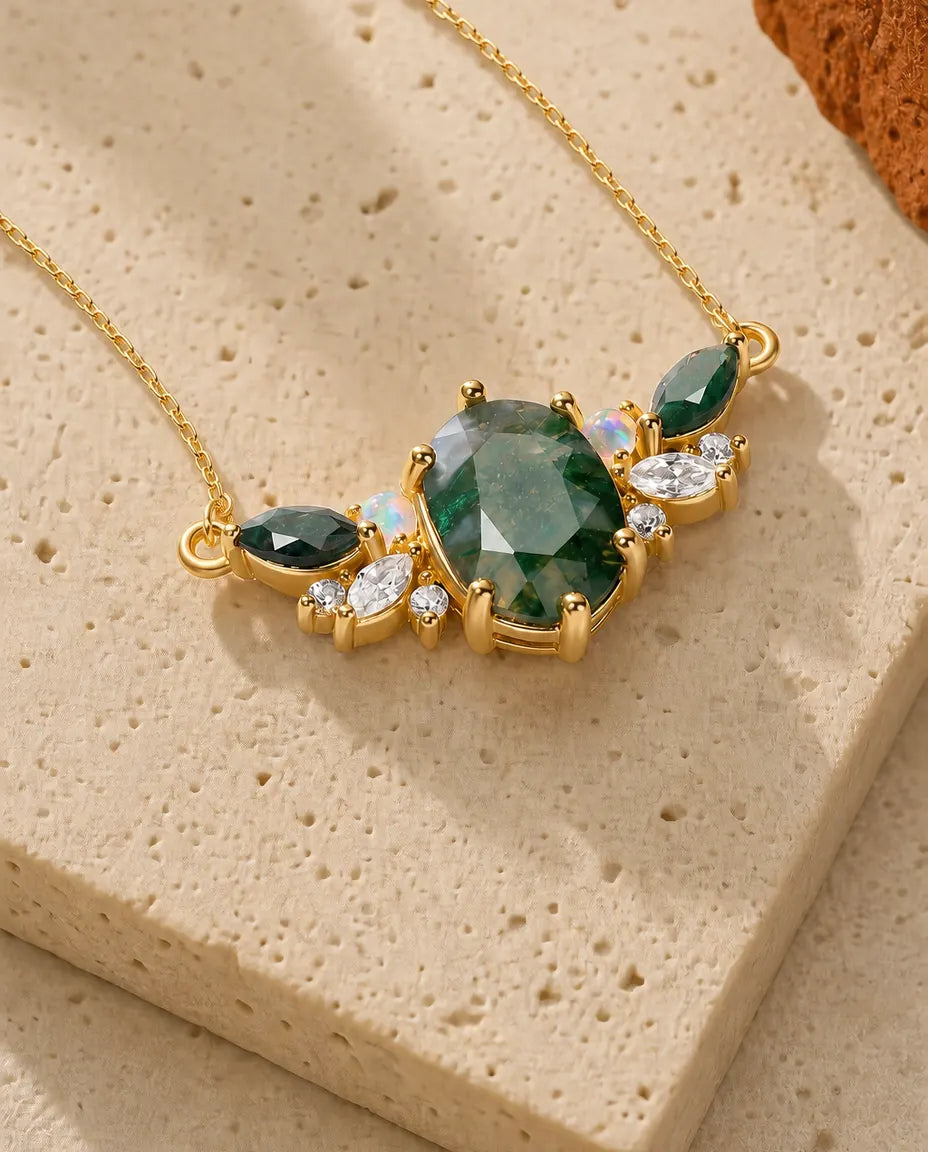 Collana Agata Muschiata Ovale con Opali e Zirconi Marquise, Argento 925 Placcato Oro 10K