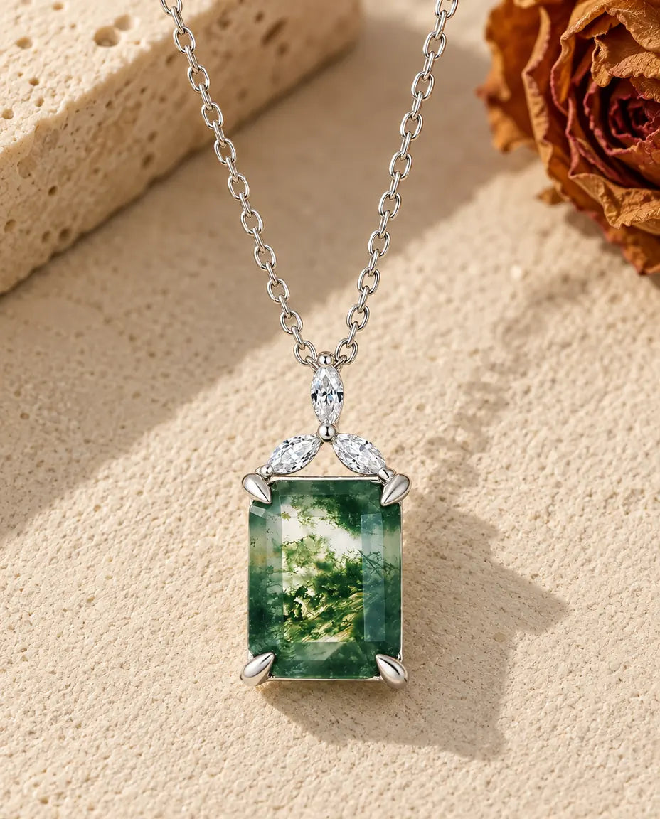 Collana Agata Muschiata Taglio Smeraldo con Zirconi Marquise - vista frontale