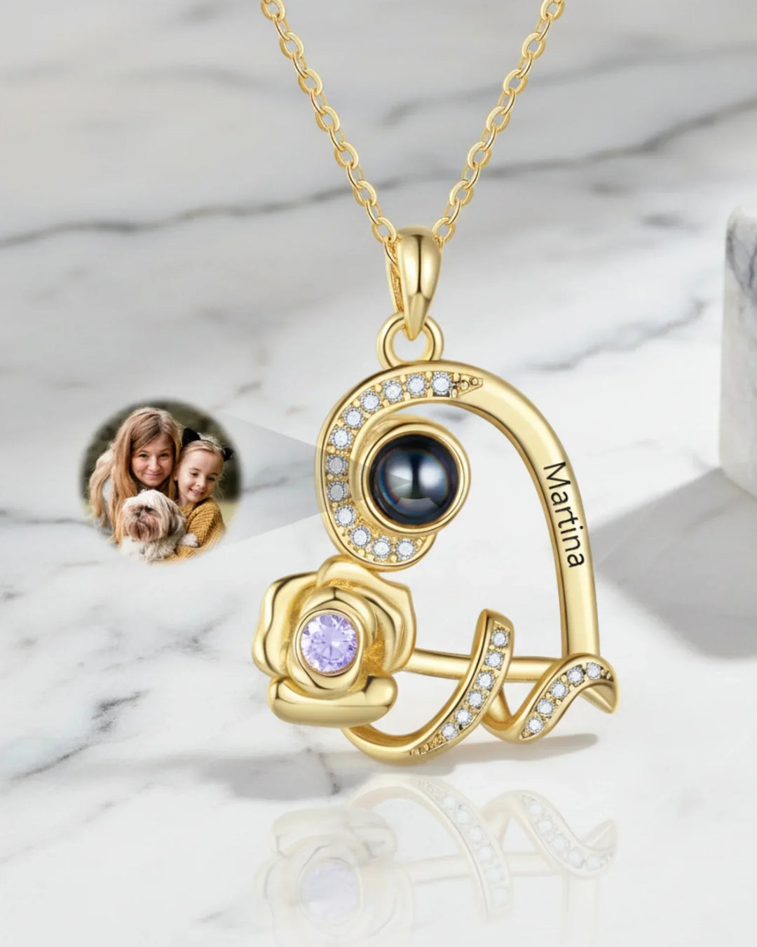 Collana con Foto Dentro – Ciondolo Cuore Rosa con Nome Inciso e Pietra di Nascita, Regalo per Lei