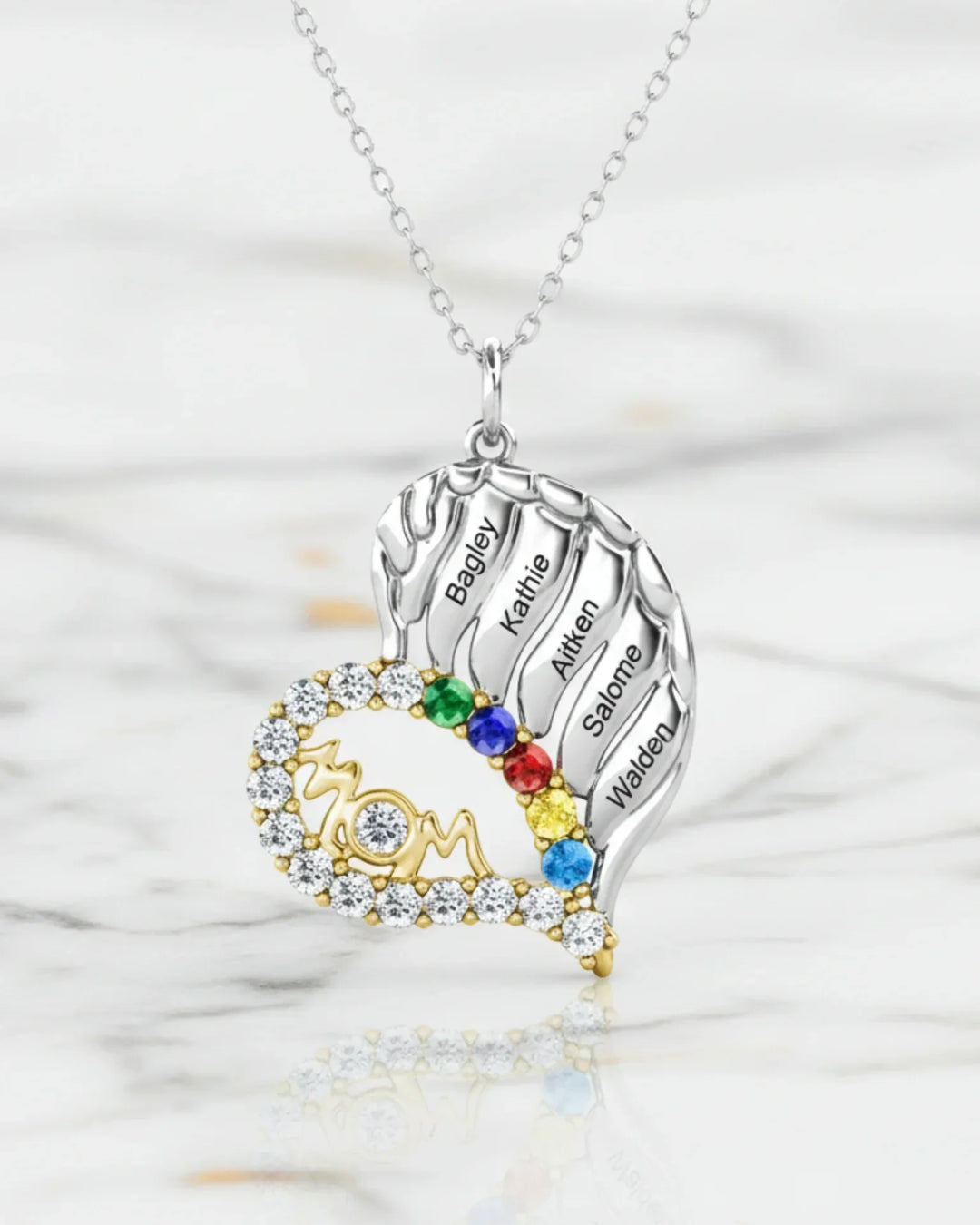Collana Mamma in Argento 925 – Cuore Alato con 3-6 Nomi Incisi e Pietre di Nascita
