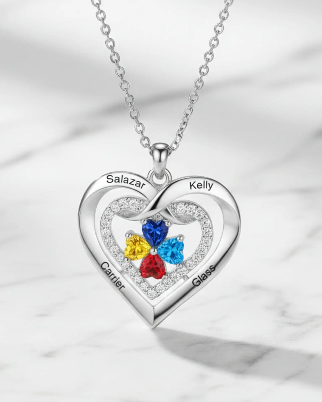 Collana Personalizzata con Pietre di Nascita – Ciondolo a Cuore con 2-4 Nomi Incisi, Regalo per la Mamma