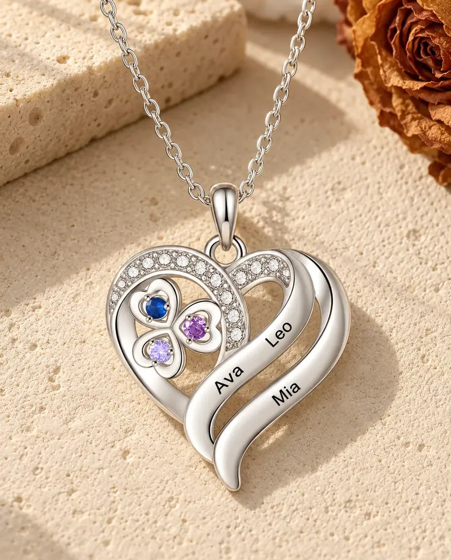 Collana Personalizzata Cuore e Trifoglio - vista frontale in argento