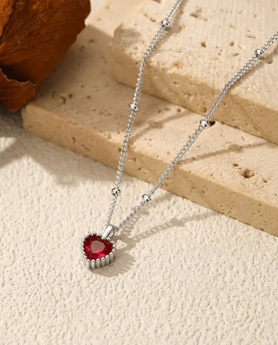Collana Cuore Zircone Rosso – pendente 5 mm con bordo perlinato, in argento 925, catena a palline 40+5 cm