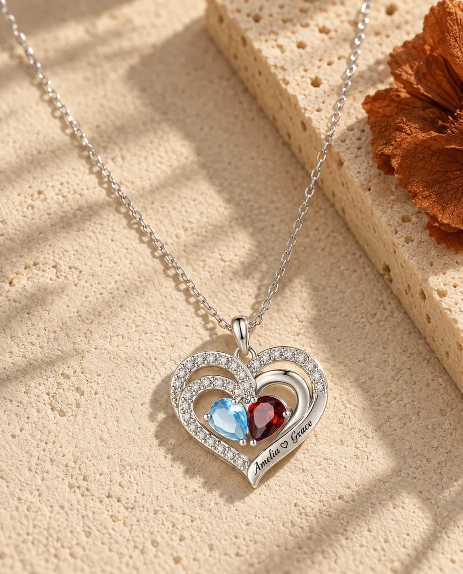 Collana Personalizzata con 2 Pietre e 2 Nomi - ciondolo doppio cuore con due pietre taglio goccia, rodiata