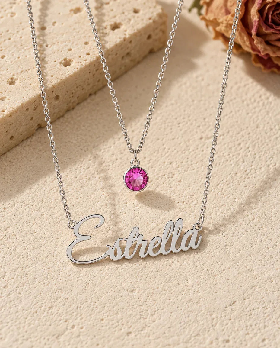 Collana Doppia con Nome e Pietra di Nascita - vista frontale in argento