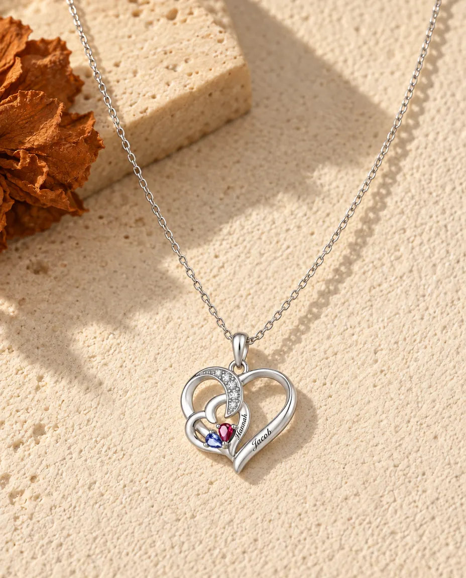 Collana Personalizzata con 2 Pietre e 2 Nomi - due cuori intrecciati con pietre taglio goccia, rodiata