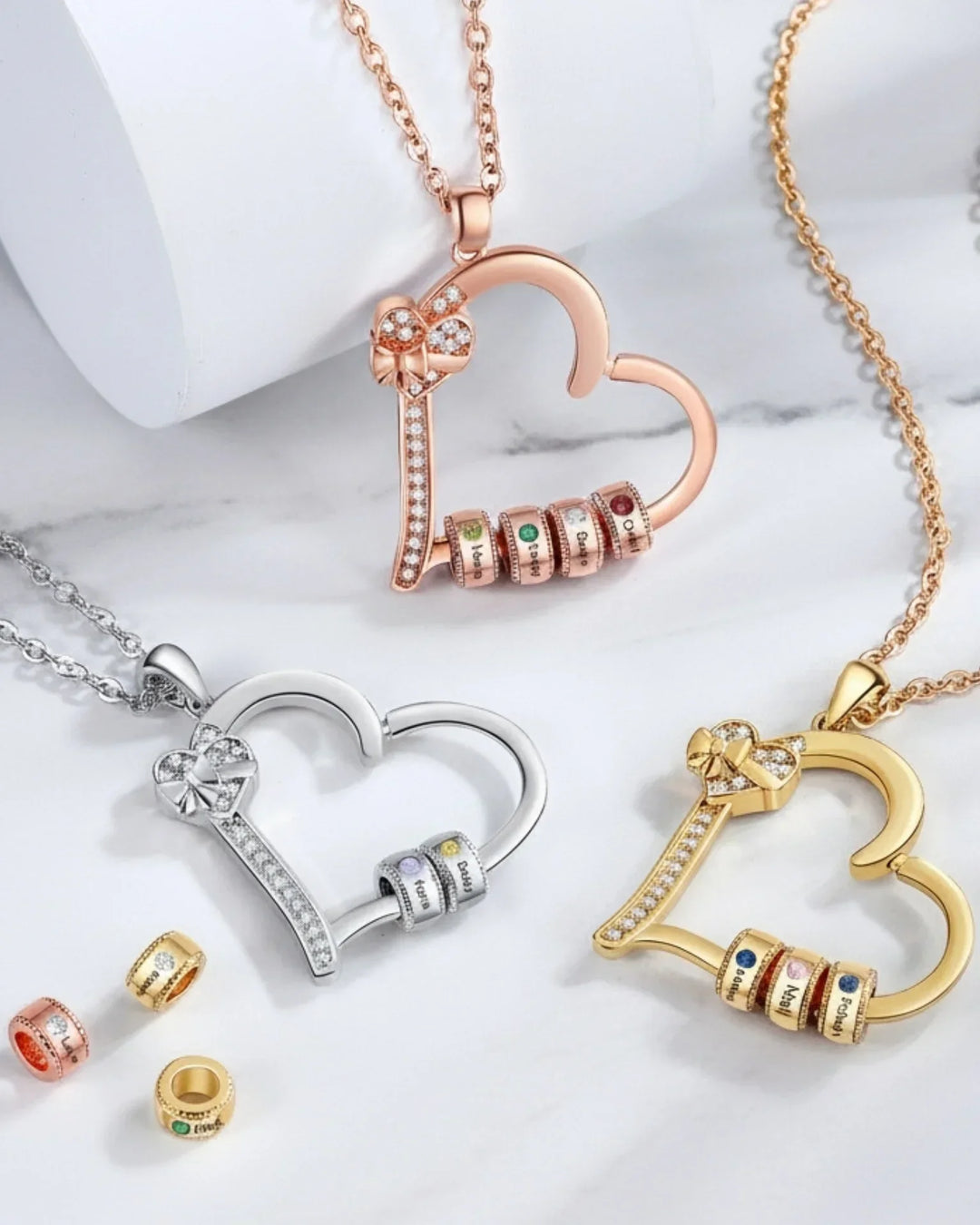 Collana Famiglia con Pietre di Nascita – Ciondolo a Cuori Incisi, da 2 a 5 Nomi, Regalo Mamma o Nonna