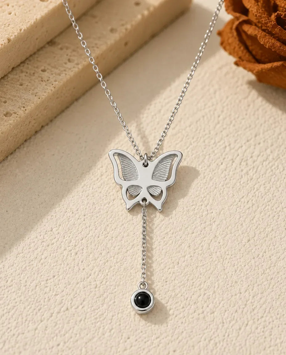 Collana Farfalla con Foto Dentro - vista frontale in argento