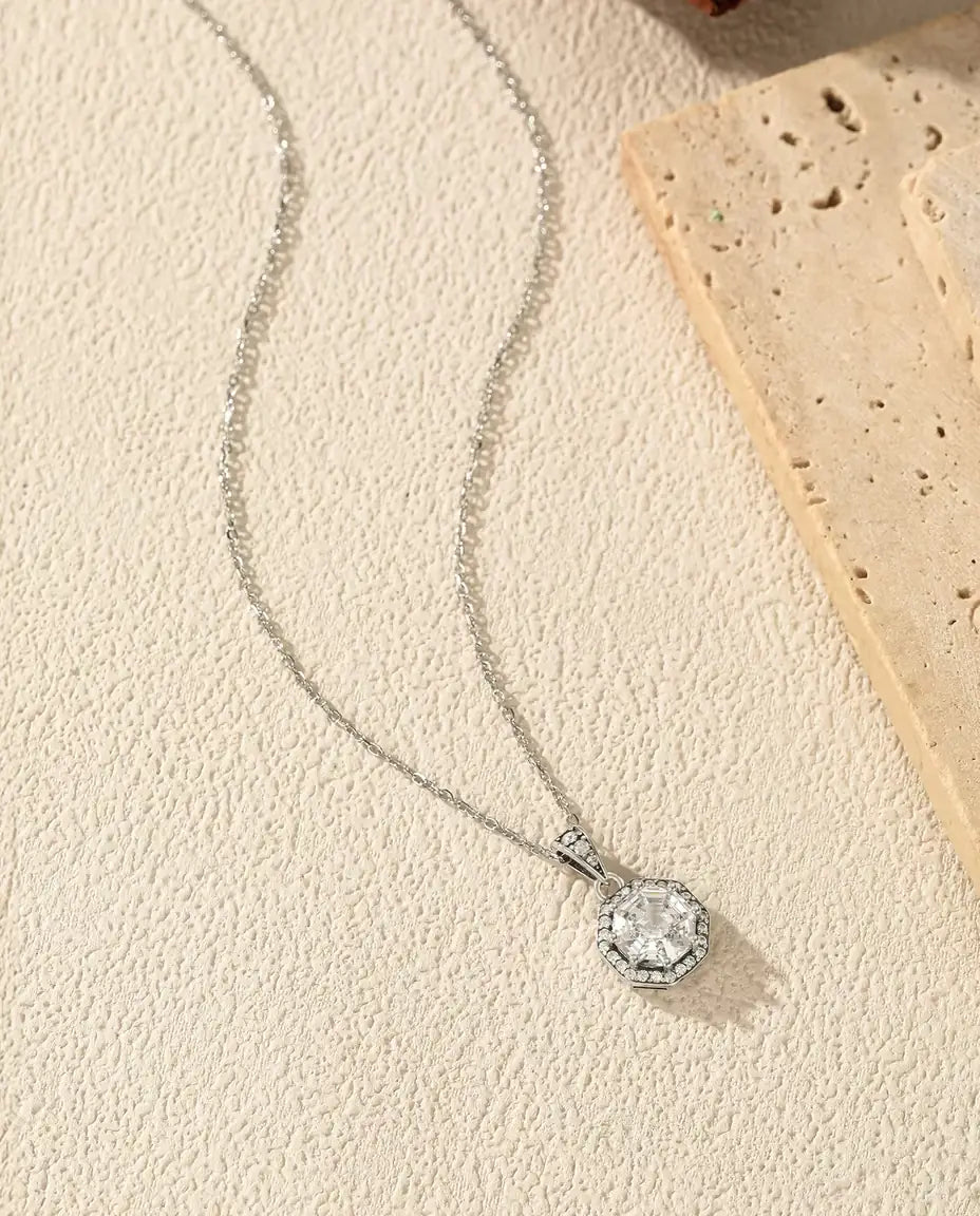 Collana Halo Ottagonale - zircone a taglio gradini circondato di pavé, catena 40+5 cm, argento 925
