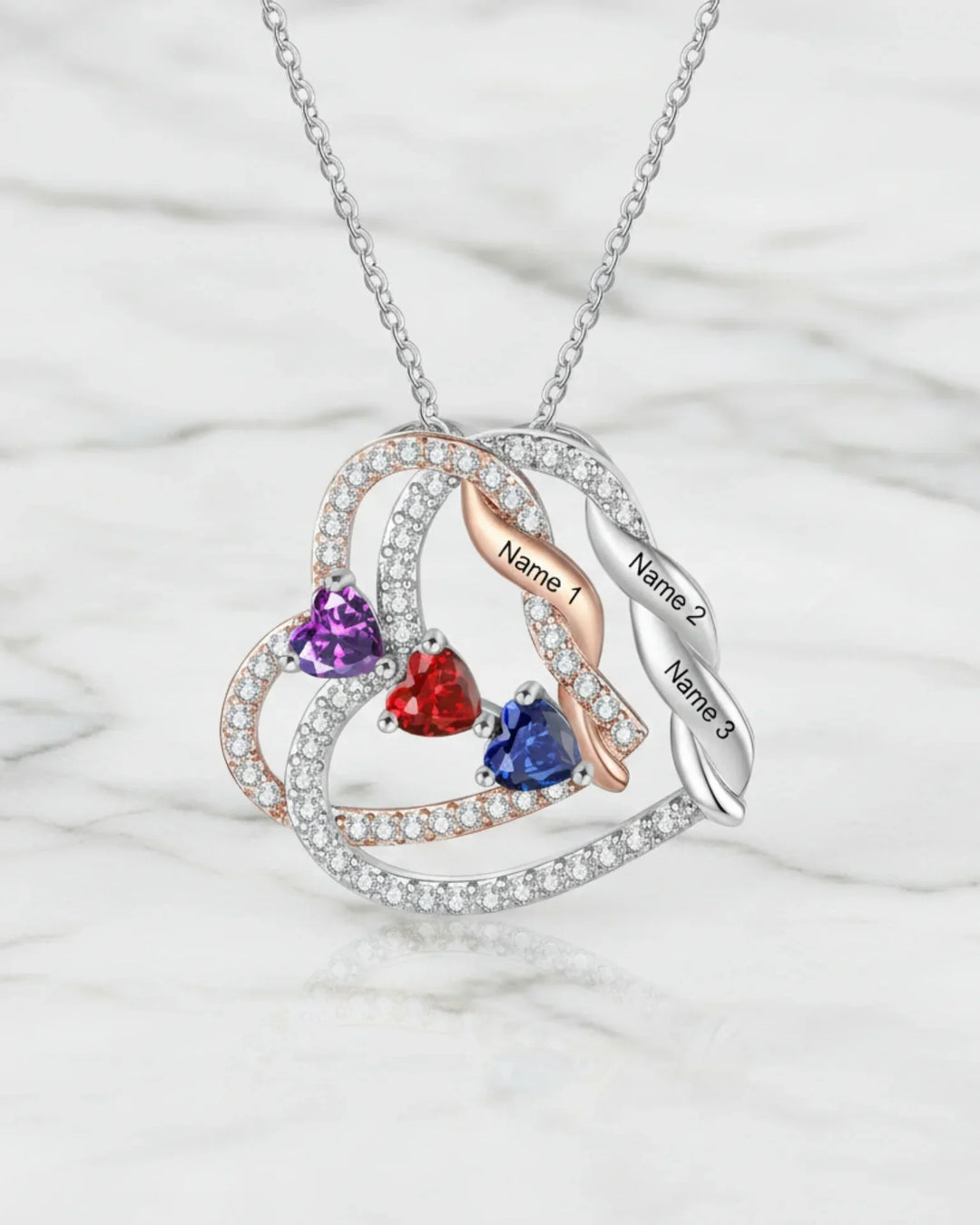 Collana Incisa Doppio Cuore in Rame – da 2 a 4 Nomi con Pietre di Nascita, Regalo per Mamma