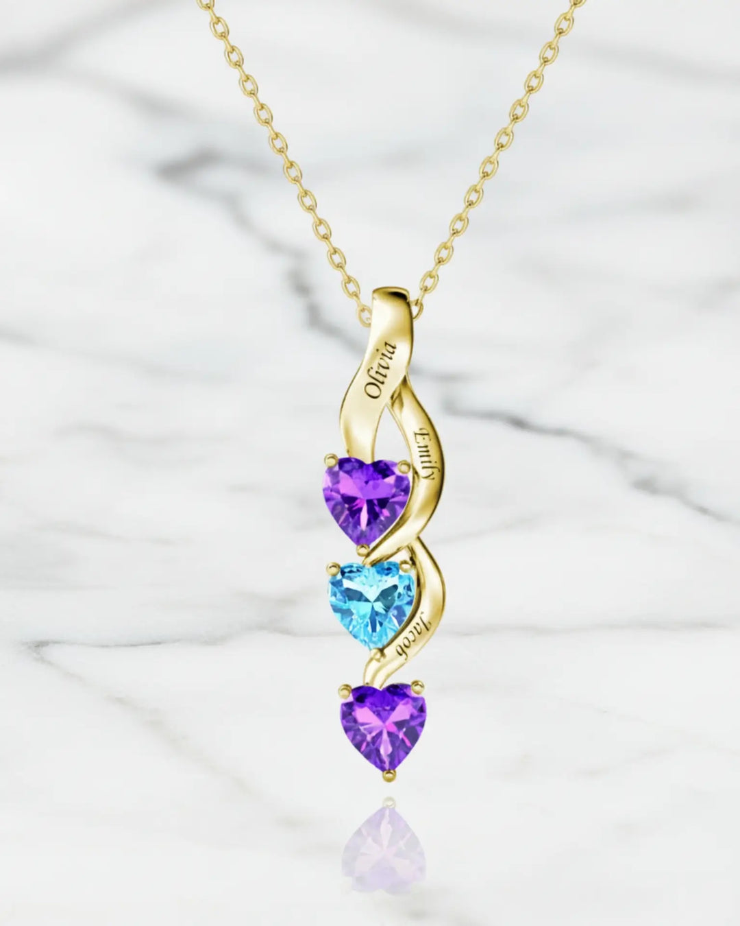 Collana Personalizzata in Argento 925 – Infinito con 3 Cuori, 3 Nomi Incisi e Pietre di Nascita