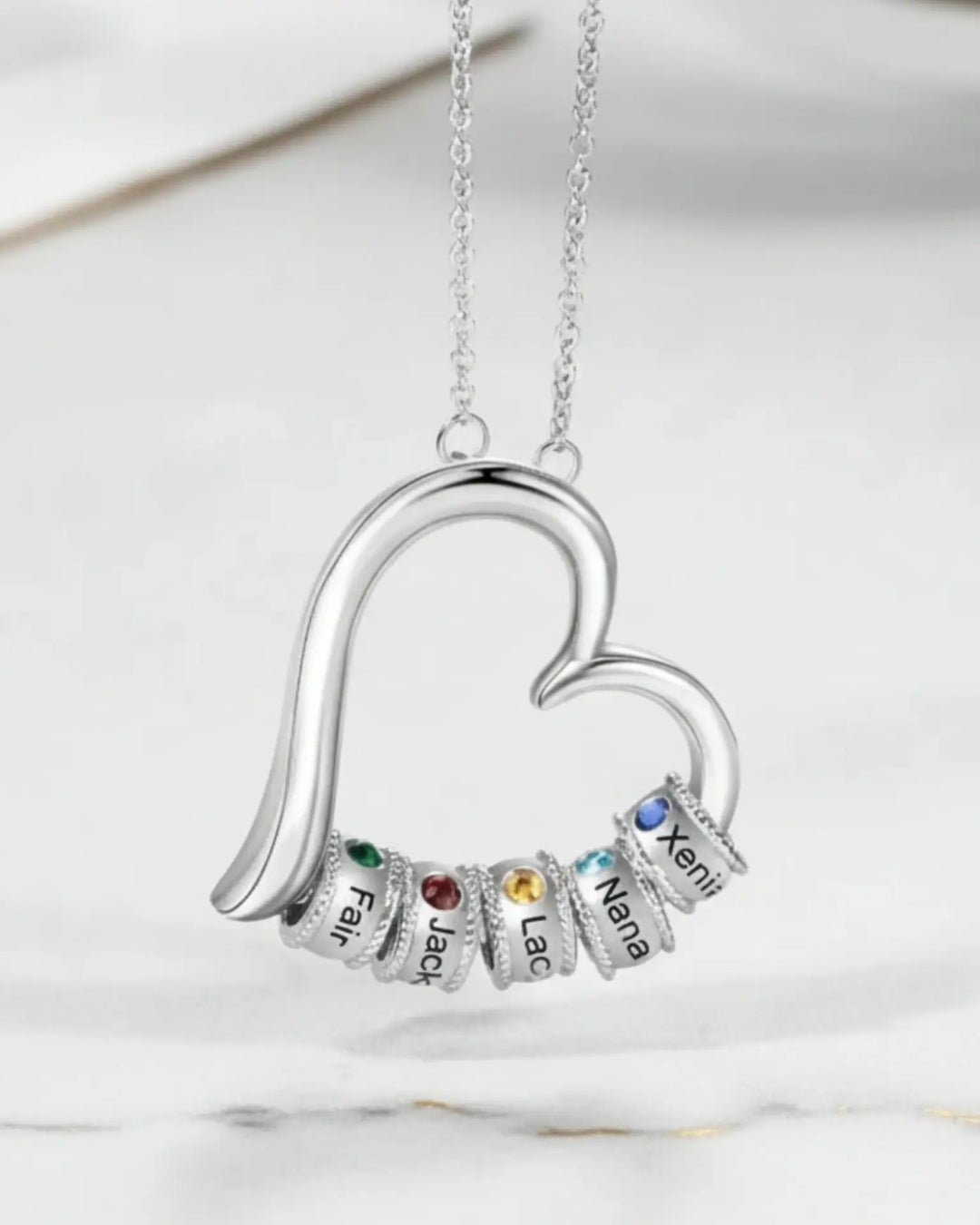 Collana Mamma in Argento Sterling – Cuore Aperto con Fino a 7 Nomi e Pietre di Nascita Incise