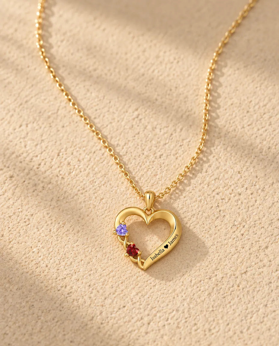 Collana Personalizzata con 2 Pietre e 2 Nomi - cuore aperto dorato con due pietre taglio cuore