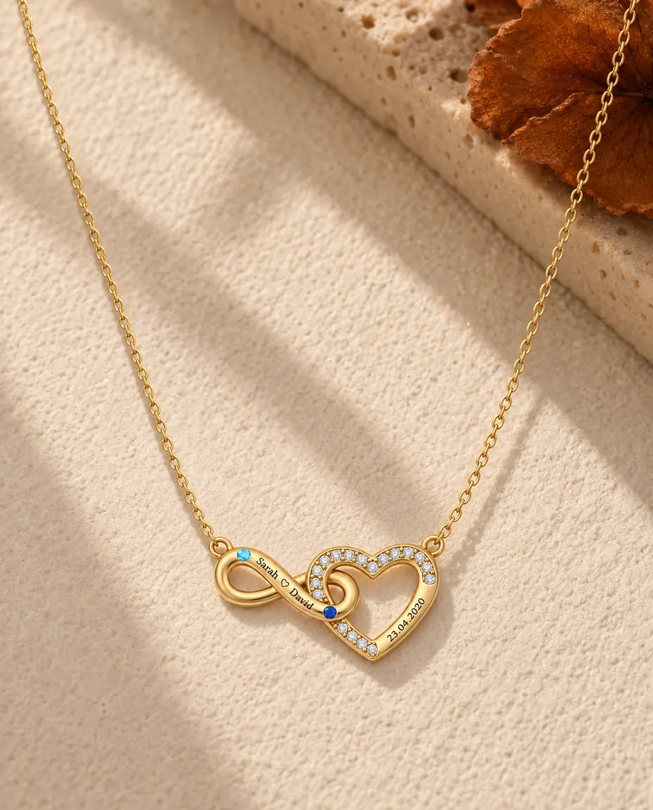 Collana Personalizzata con 2 Nomi e Data - cuore infinito dorato con due pietre portafortuna