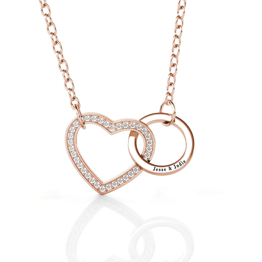 Collana Personalizzata Cuore e Cerchio Intrecciati in Argento 925, Finitura Oro Rosa con Incisione