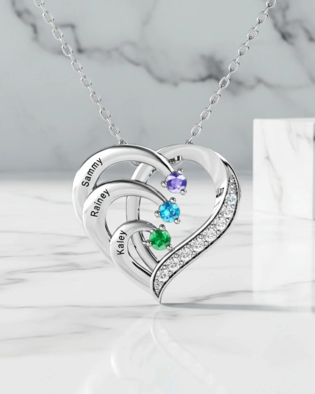 Collana con Pietre di Nascita – 3 Cuori Intrecciati in Argento 925 con Nomi Incisi, Regalo per la Mamma