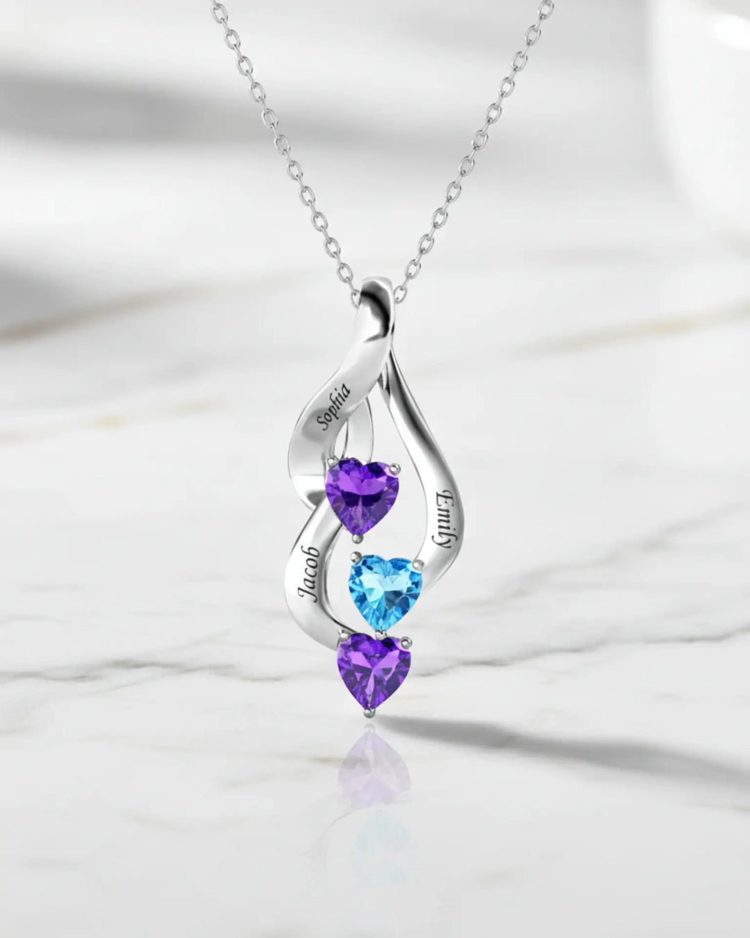 Collana con Pietre di Nascita in Argento 925 – 3 Cuori e 3 Nomi Incisi, Regalo per la Mamma