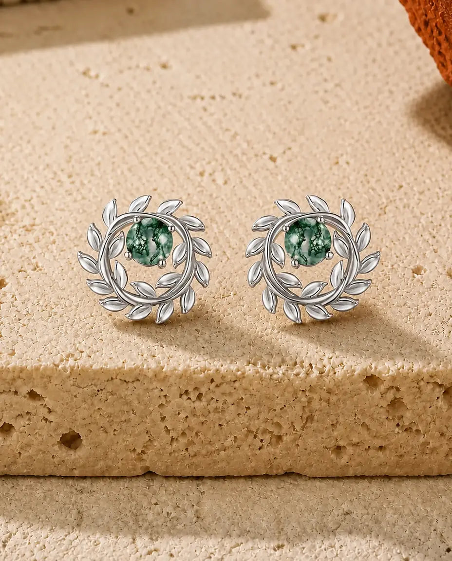 Orecchini in agata muschiata - Agata muschiata tonda in una corona d'alloro d'argento, argento 925, regalo per lei
