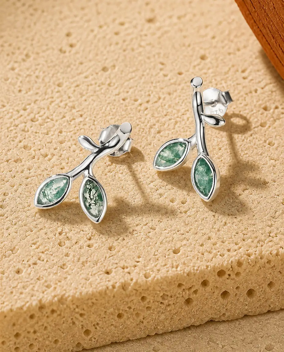 Orecchini in agata muschiata - Due foglie marquise su un germoglio d'argento, argento 925, regalo per lei