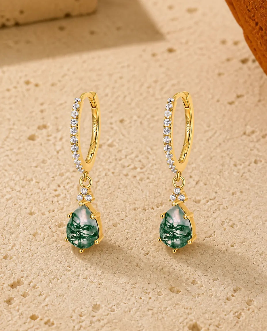 Cerchi in agata muschiata - Goccia di agata verde sospesa a un cerchietto con zirconi, argento 925 placcato oro, regalo per lei