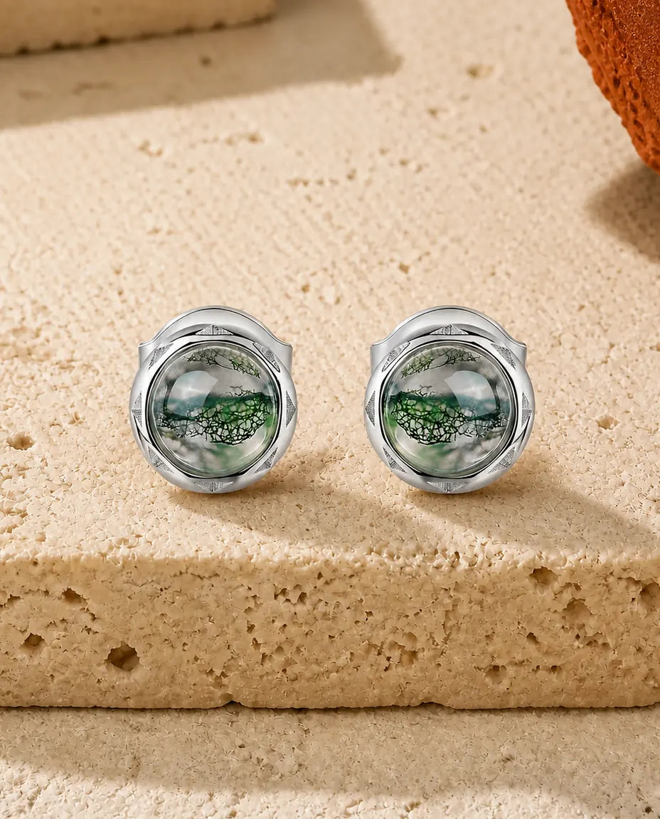 Orecchini in agata muschiata - Cabochon tondo di agata verde in castone a corda intrecciata, argento 925, regalo per lei