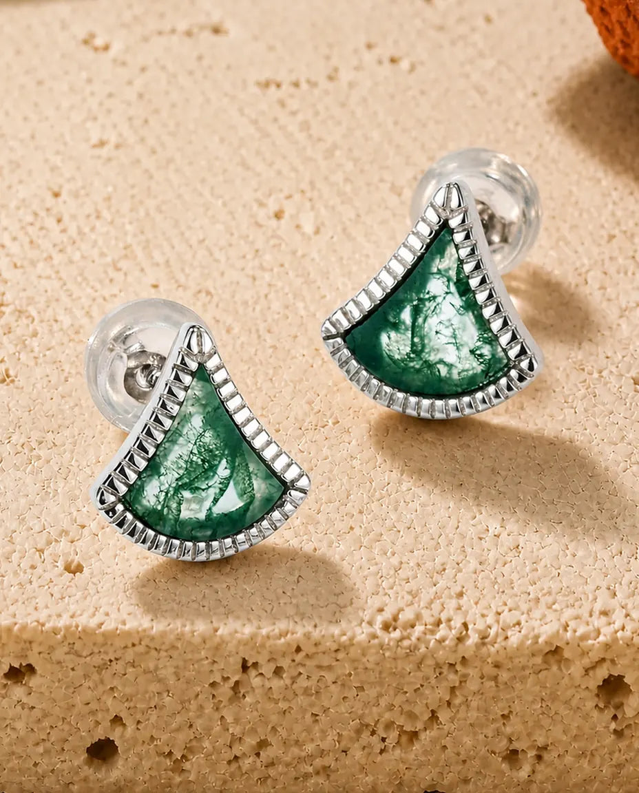 Orecchini a lobo in agata muschiata - Agata muschiata a ventaglio con montatura zigrinata, argento 925, regalo per lei
