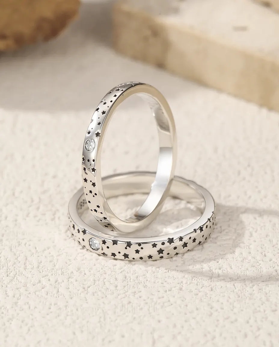 Anelli di Coppia in Moissanite con Motivo a Stelle, Set Lei e Lui in Argento 925, Idea Regalo