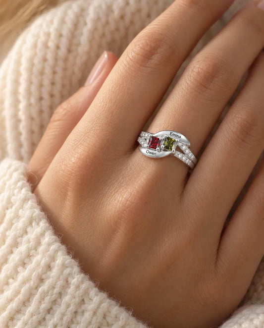 Anello Personalizzato con 2 Nomi e 2 Pietre di Nascita - anello in argento 925 per coppia o mamma con incisione