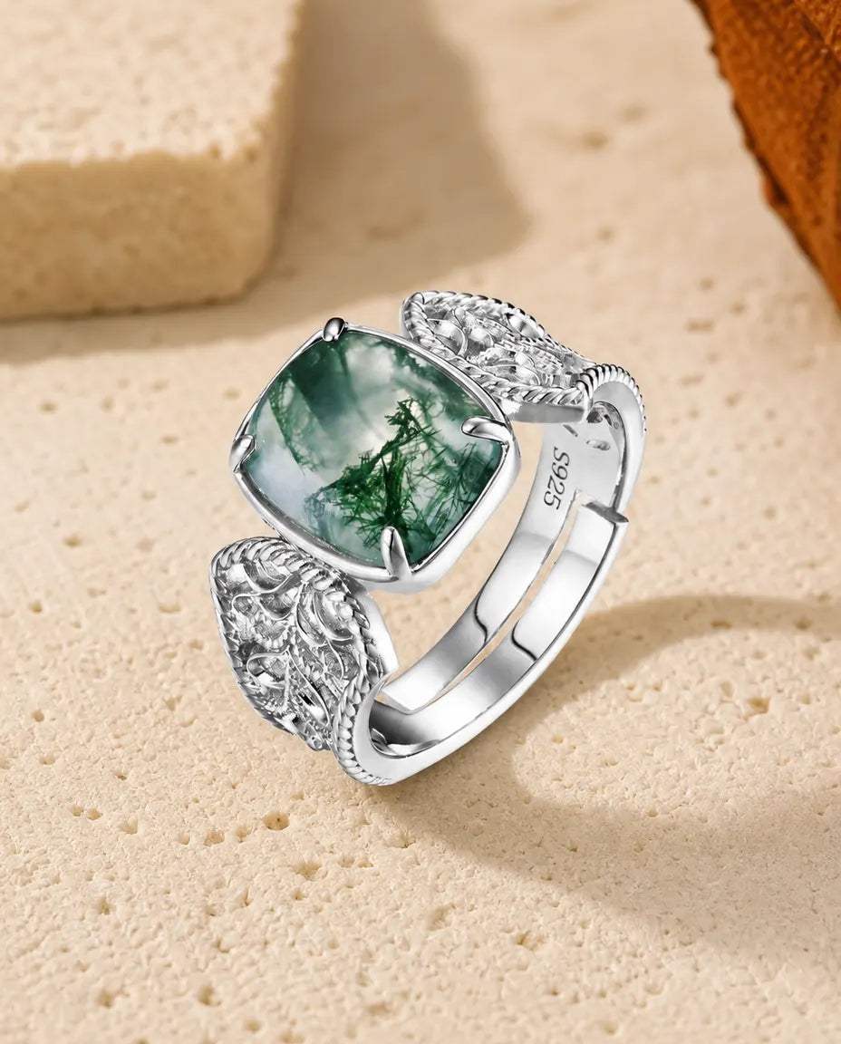 Anello Agata Muschiata Cabochon Cuscino – Argento 925 con Fascia a Filigrana, Regolabile