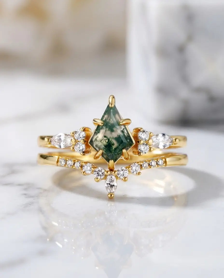 Anello Agata Muschiata – Duo Taglio Aquilone 6x9 mm, Set Impilabile in Argento 925 o Placcato Oro