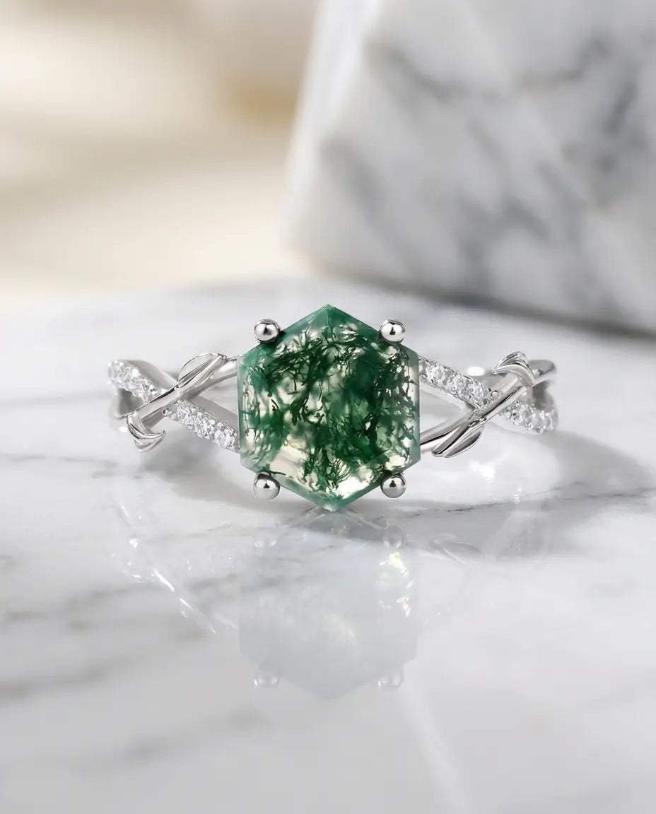 Anello Agata Muschiata Esagonale 8 mm – Fascia a Tralcio Vintage in Argento 925, Regalo per Lei