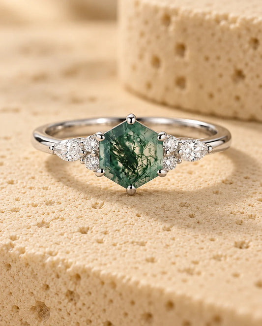 Anello Agata Muschiata Esagonale Art Déco - vista frontale
