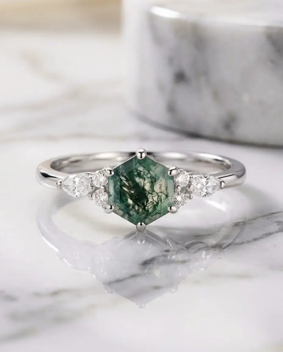 Anello Agata Muschiata Esagonale Art Déco – Argento 925 con Finitura Dorata, Regalo per Lei