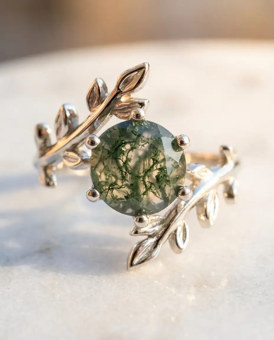 Anello Agata Muschiata – Solitario Foglie e Rami in Argento 925, Pietra Tonda 8 mm, Regalo Natura per Lei
