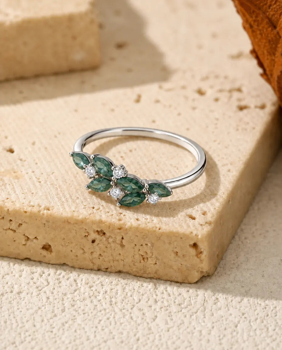 Anello Agata Muschiata Foglie Marquise con Zirconi – Argento 925, Idea Regalo Natura per Lei