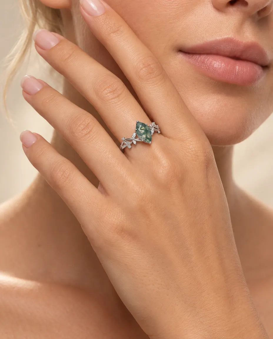Anello Agata Muschiata – Solitario Marquise su Rami d'Argento con Foglie e Zirconi, Anello di Fidanzamento in Argento 925 Ispirato alla Natura
