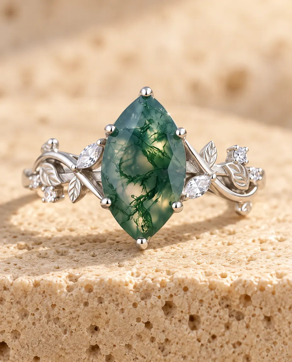 Anello Agata Muschiata – Solitario Marquise su Rami d'Argento con Foglie e Zirconi, Anello di Fidanzamento in Argento 925 Ispirato alla Natura