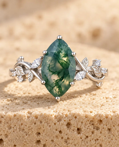 Anello Agata Muschiata – Solitario Marquise su Rami d'Argento con Foglie e Zirconi, Anello di Fidanzamento in Argento 925 Ispirato alla Natura