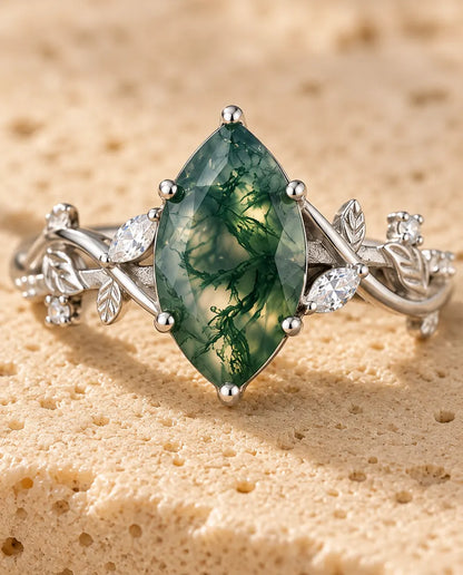 Anello Agata Muschiata – Solitario Marquise su Rami d'Argento con Foglie e Zirconi, Anello di Fidanzamento in Argento 925 Ispirato alla Natura