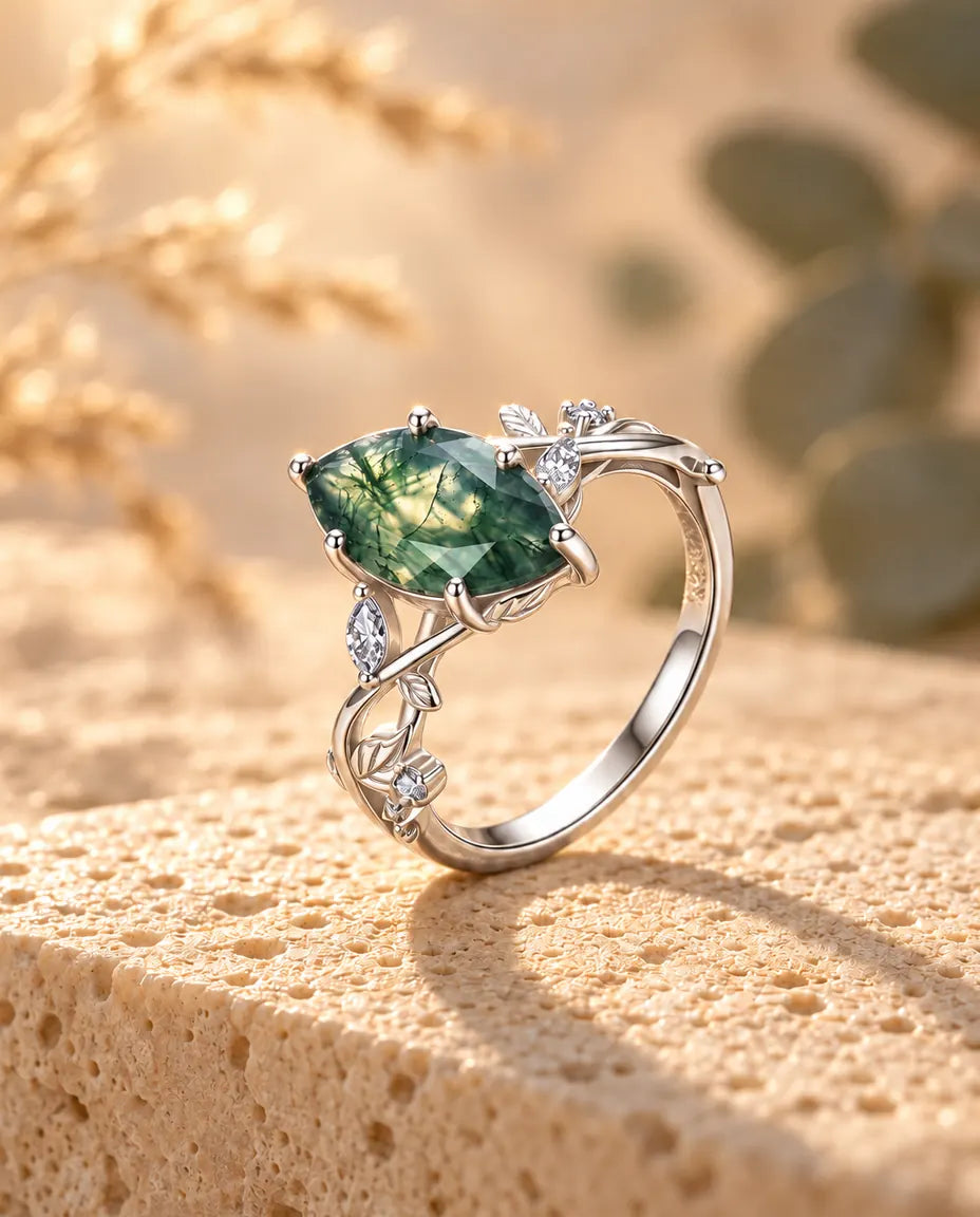 Anello Agata Muschiata – Solitario Marquise su Rami d'Argento con Foglie e Zirconi, Anello di Fidanzamento in Argento 925 Ispirato alla Natura
